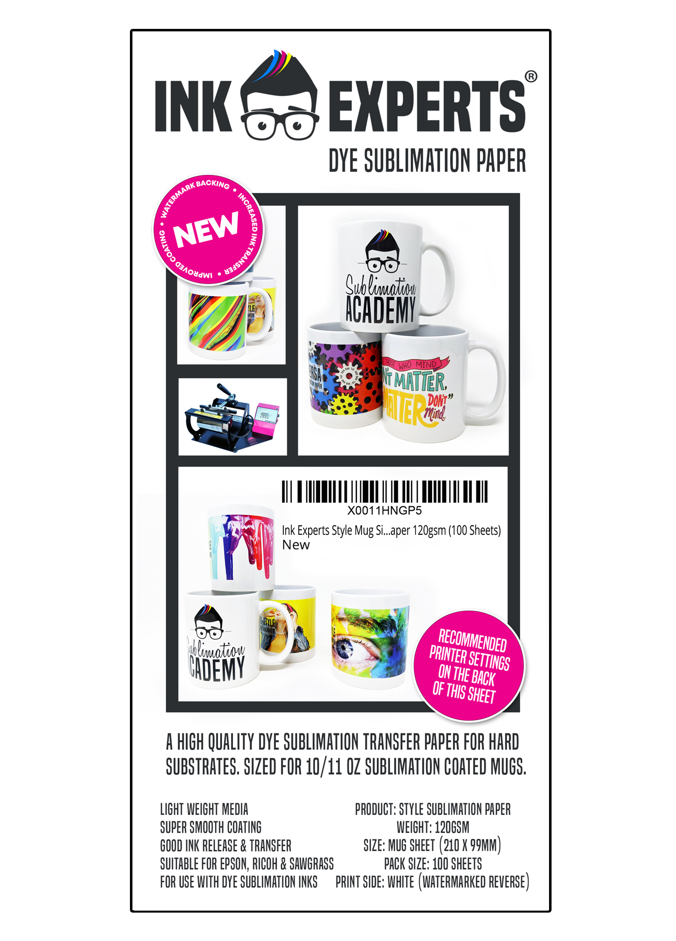 Carta Per Sublimazione Ink Experts – 120 G/m², 100 Fogli Pretagliati Per Tazze (99x210 Mm) – Asciugatura Istantanea