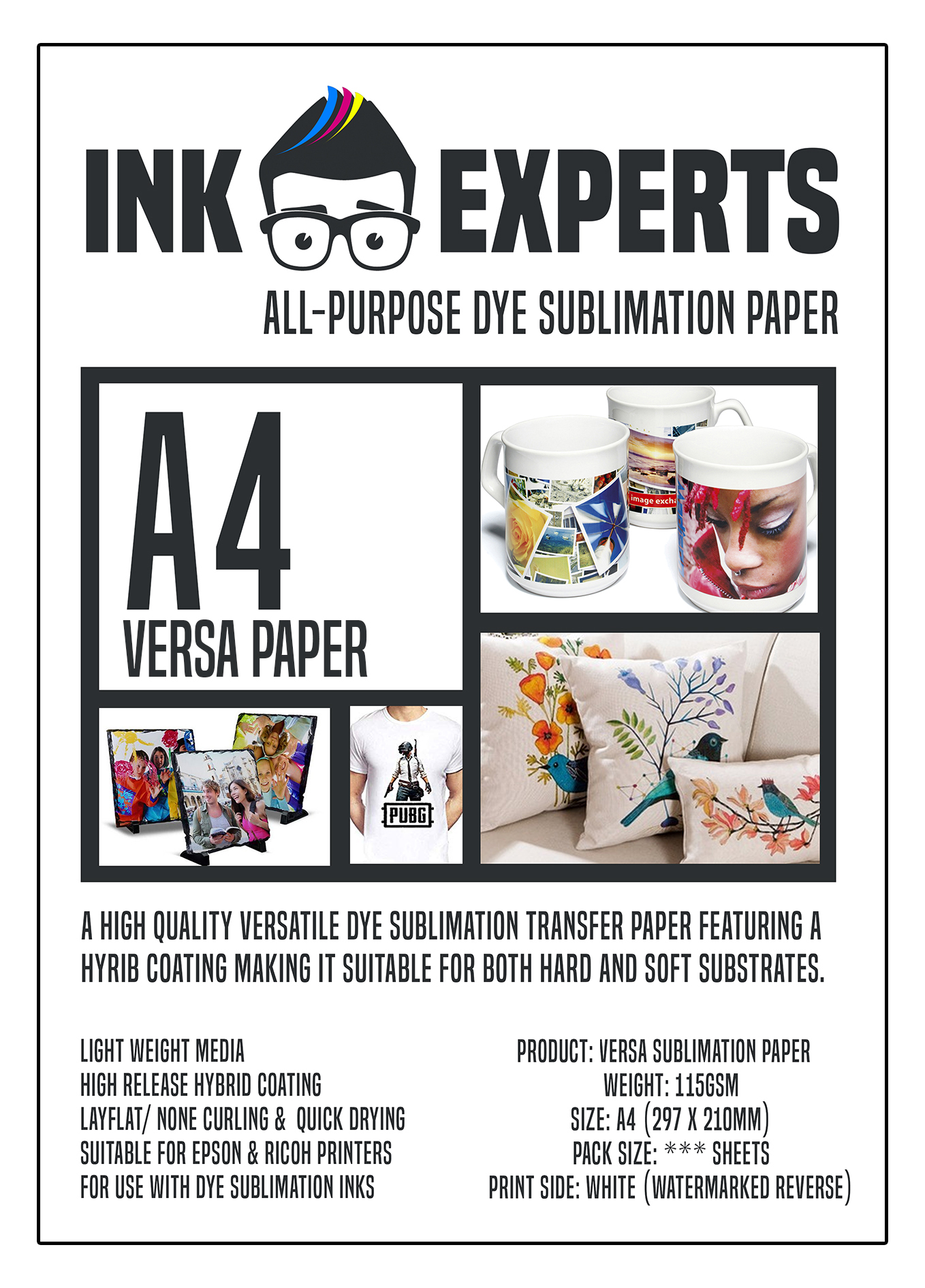 100 Sheets A4, alta liberación, 100 g/m² Ink Experts Subli-Fabric Papel de sublimación 