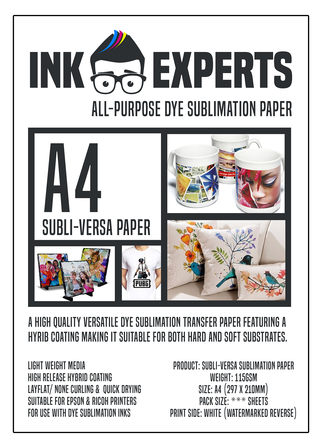 A-SUB Sublimation Paper & Ink Bundle Kit - 110 Sheets 8.5x11 & 4x120ml Refill Ink For Epson ET-2803/2720