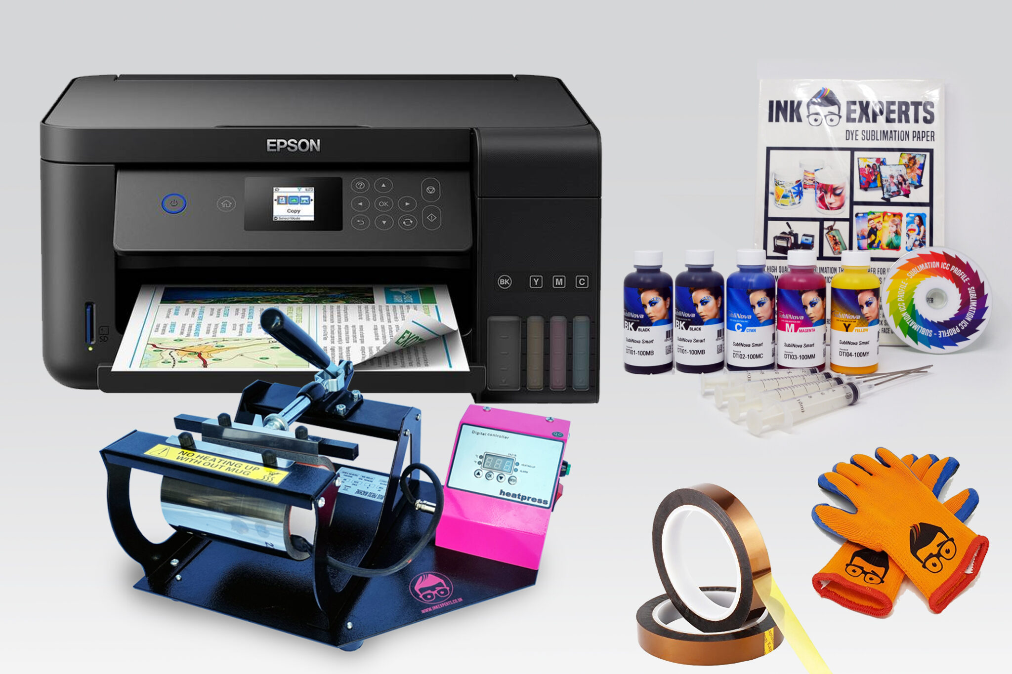 Complete A4 Sublimation Printer & Heat Press Starter Bundle Epson Ecotank ET2750 Printer Ink