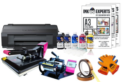 An A3 sublimation printer with various accessories including packs of A3 paper, heat resistant gloves and advanced ICC profile packaging