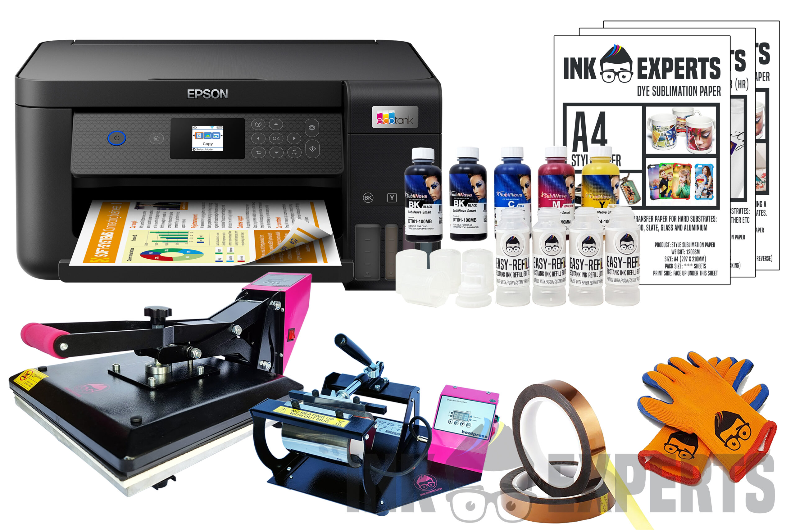 Complete A4 Sublimation Printer & Heat Press Starter Bundle: Epson Ecotank  ET-2850 Printer