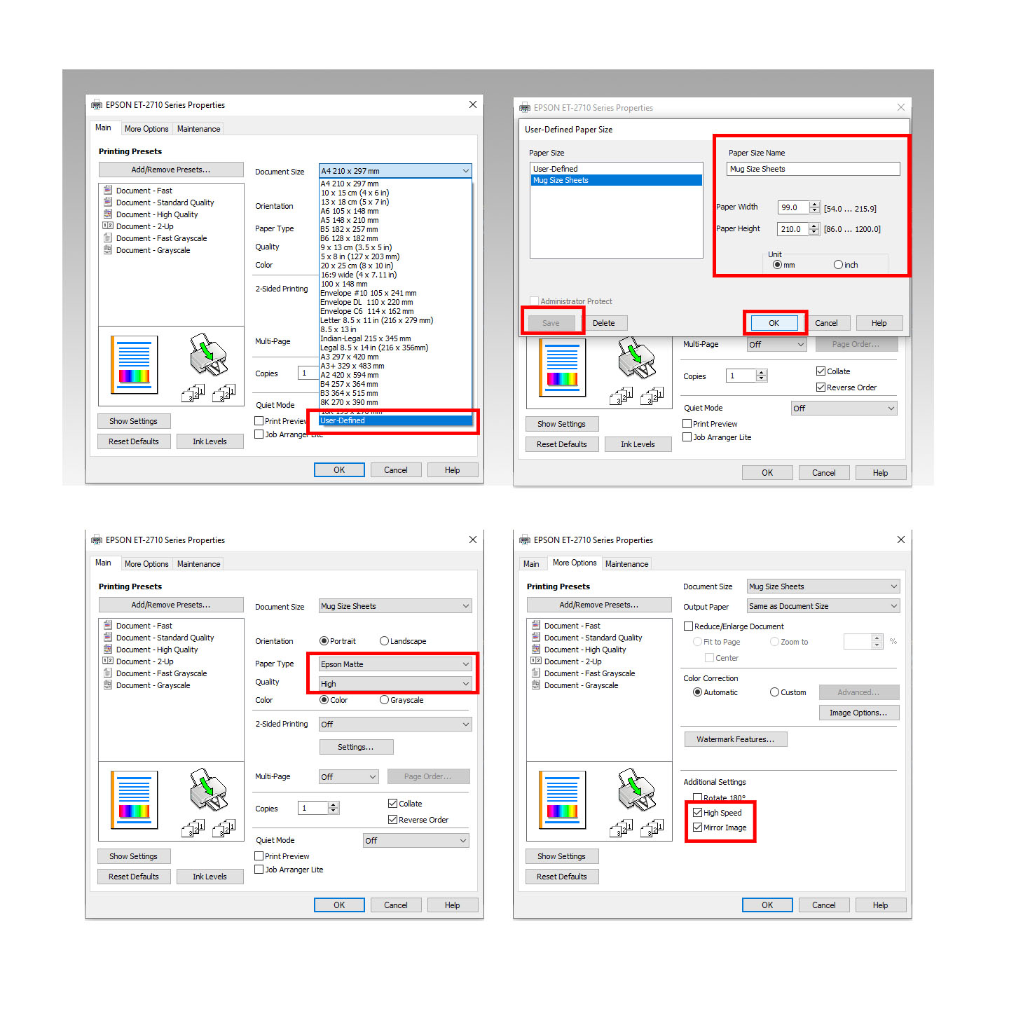 Print Settings for Mug Size sublimation paper - Epson Printer on Windows