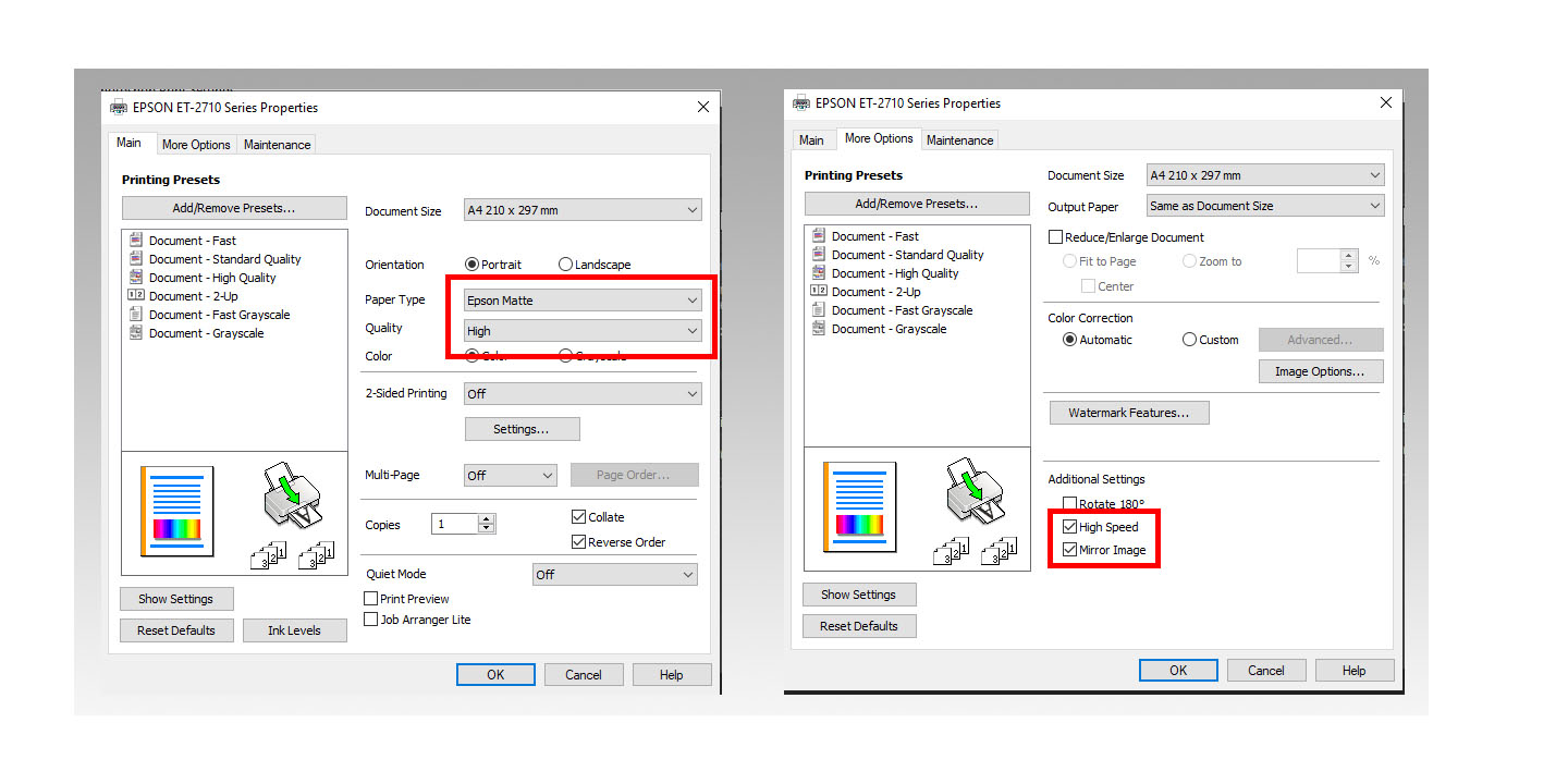 Print Settings for 'Style' sublimation paper - Epson Printer on Windows