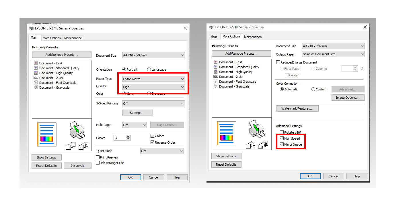 Print Settings for 'Versa' sublimation paper - Epson Printer on Windows