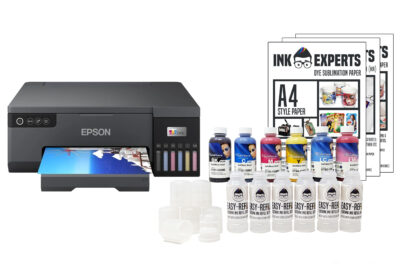 An Epson L8058 series printer bundled with six printer ink bottles and instruction manual
